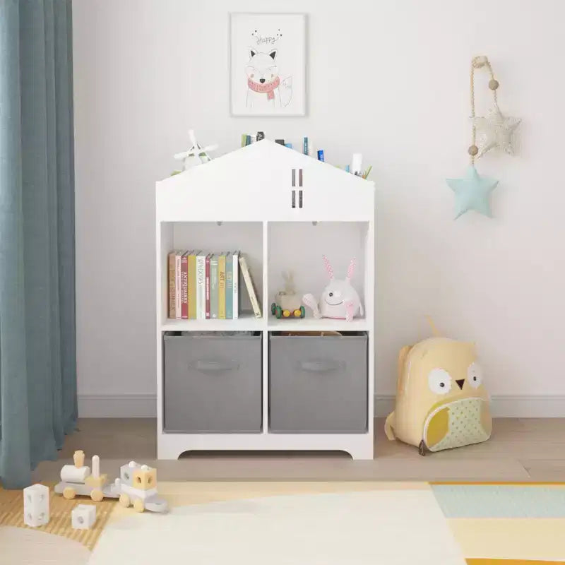 Libreria per case delle bambole bianca e rosa/grigia, portaoggetti per bambini a 2 ripiani con 2 cassetti in tessuto, età 1-5 anni