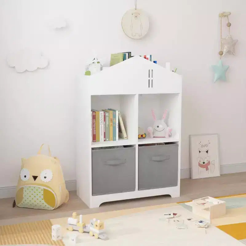 Libreria per case delle bambole bianca e rosa/grigia, portaoggetti per bambini a 2 ripiani con 2 cassetti in tessuto, età 1-5 anni