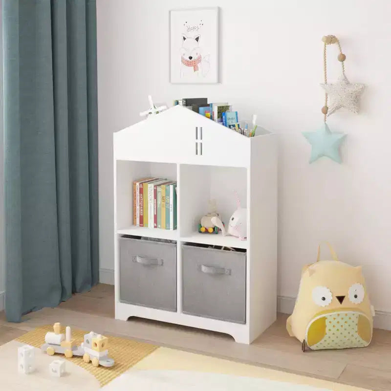 Libreria per case delle bambole bianca e rosa/grigia, portaoggetti per bambini a 2 ripiani con 2 cassetti in tessuto, età 1-5 anni