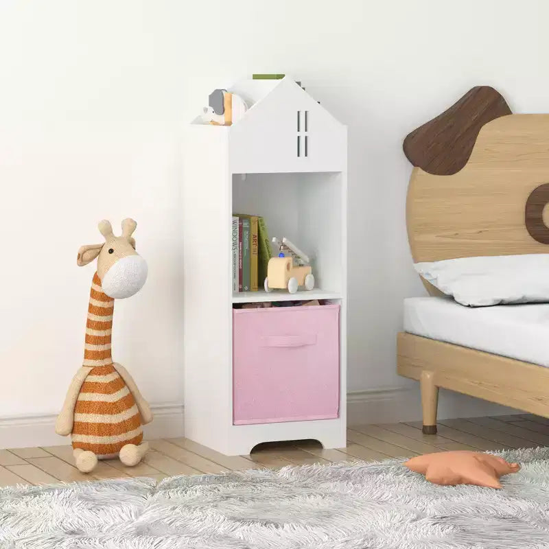 Libreria per case delle bambole bianca e rosa/grigia, portaoggetti per bambini a 2 ripiani con 2 cassetti in tessuto, età 1-5 anni
