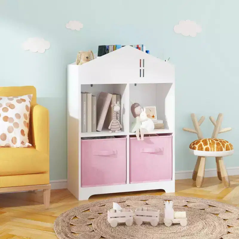 Libreria per case delle bambole bianca e rosa/grigia, portaoggetti per bambini a 2 ripiani con 2 cassetti in tessuto, età 1-5 anni