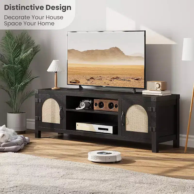 Mobile TV in rattan marrone naturale con ante, ripiani aperti, adatto per TV fino a 65"