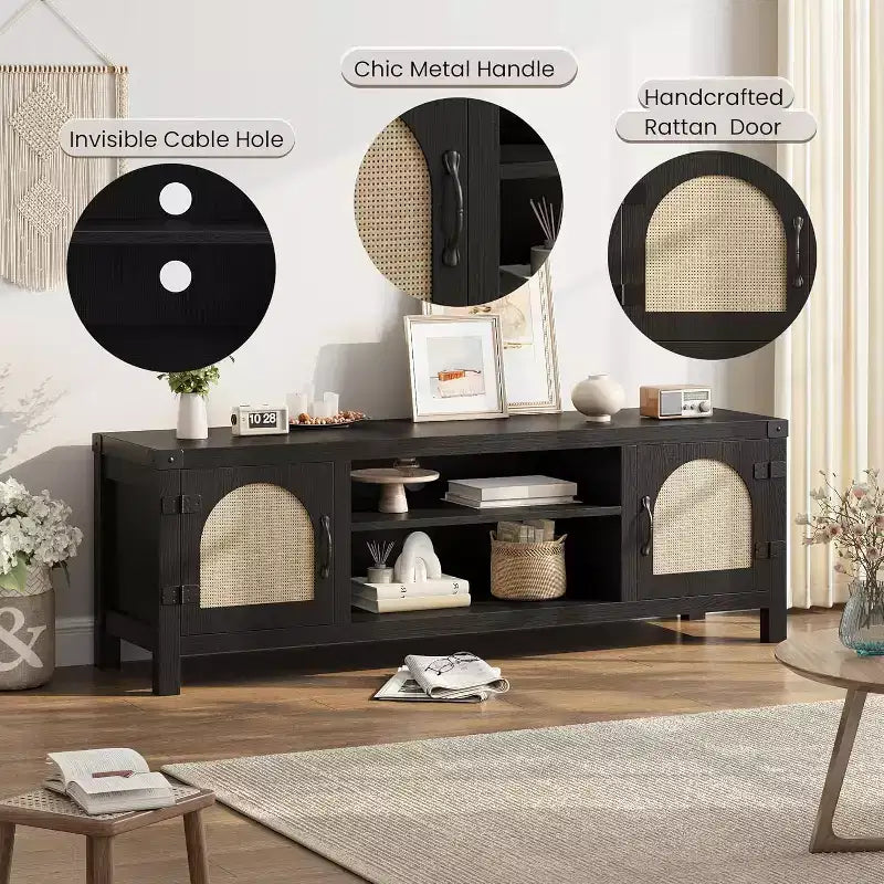 Mobile TV in rattan marrone naturale con ante, ripiani aperti, adatto per TV fino a 65"