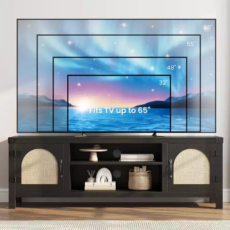 Mobile TV in rattan marrone naturale con ante, ripiani aperti, adatto per TV fino a 65"