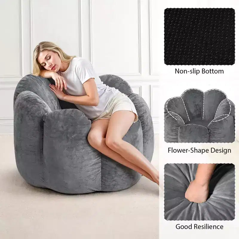 Poltrona sacco in velluto a forma di fiore beige/grigia, 1 posto