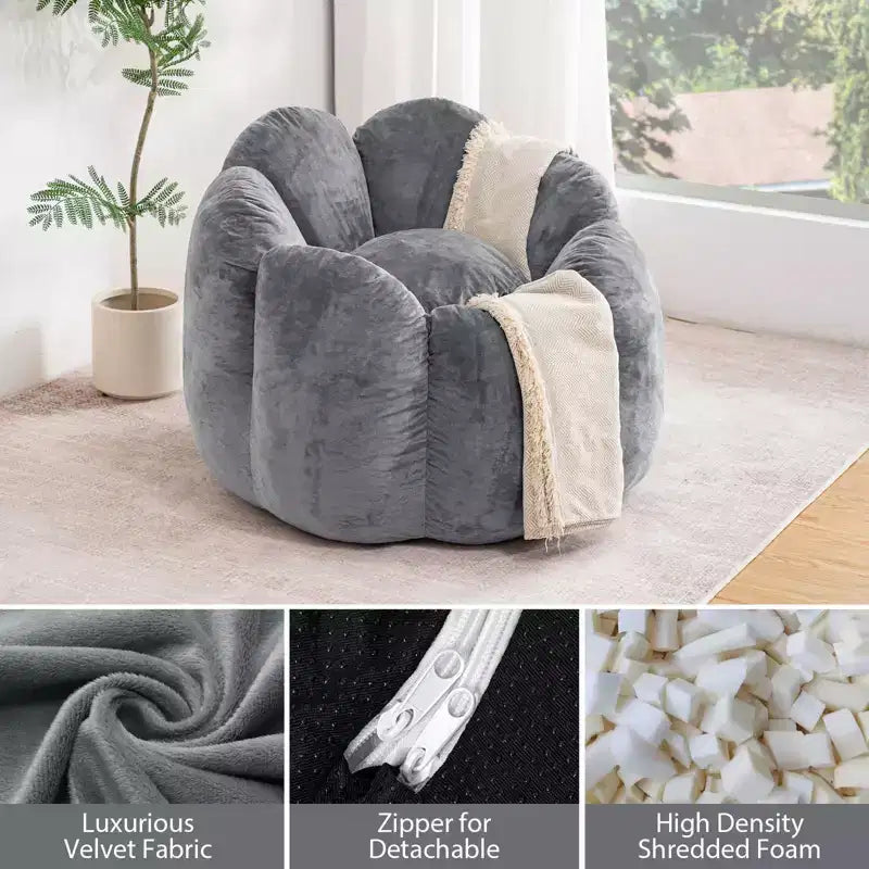Poltrona sacco in velluto a forma di fiore beige/grigia, 1 posto