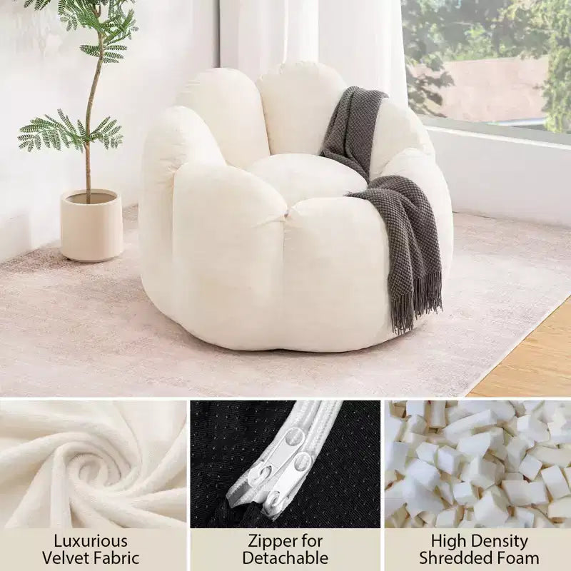 Poltrona sacco in velluto a forma di fiore beige/grigia, 1 posto