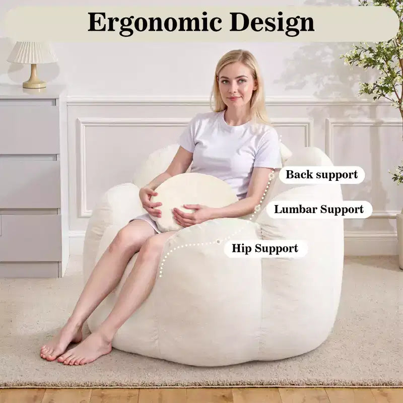 Poltrona sacco in velluto a forma di fiore beige/grigia, 1 posto
