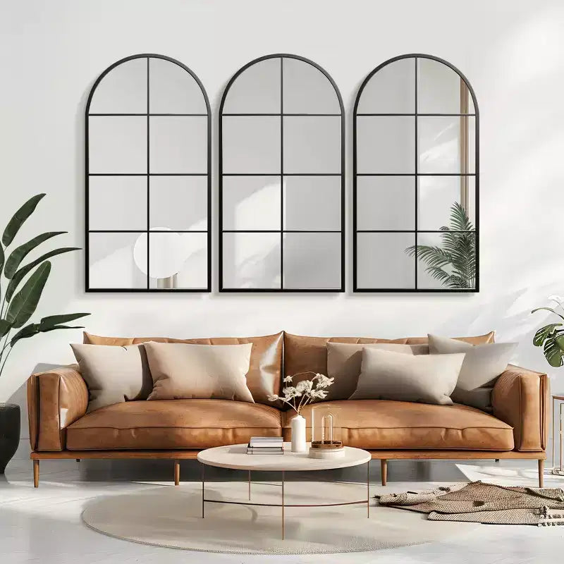 Specchio da Parete a Finestra in Ferro Nero Ad Arco, Singolo, 140 cm A x 68,5 cm L