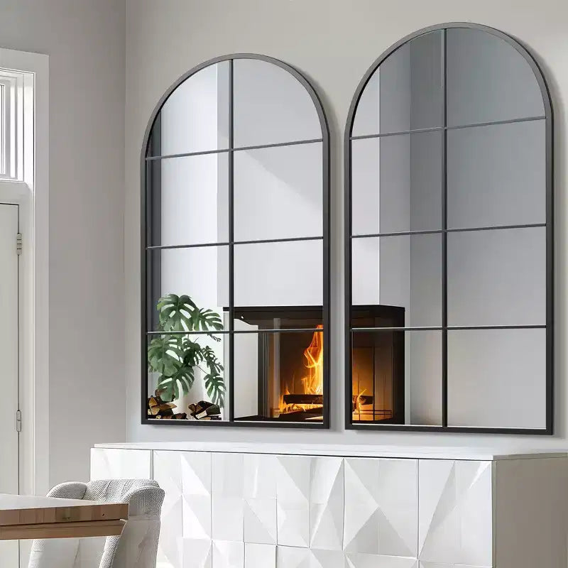 Specchio da Parete a Finestra in Ferro Nero Ad Arco, Singolo, 140 cm A x 68,5 cm L