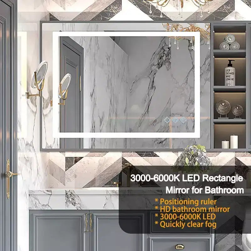 Specchio da bagno rettangolare a parete, 81x61 cm, argento, singolo, oscuramento touch, antiappannamento, IP54
