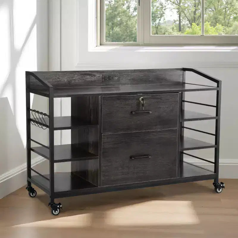 Armadietto Metallico Grigio, 2 Cassetti con Serratura, 6 Ripiani Aperti, Ciabatta Elettrica, Ruote Girevoli