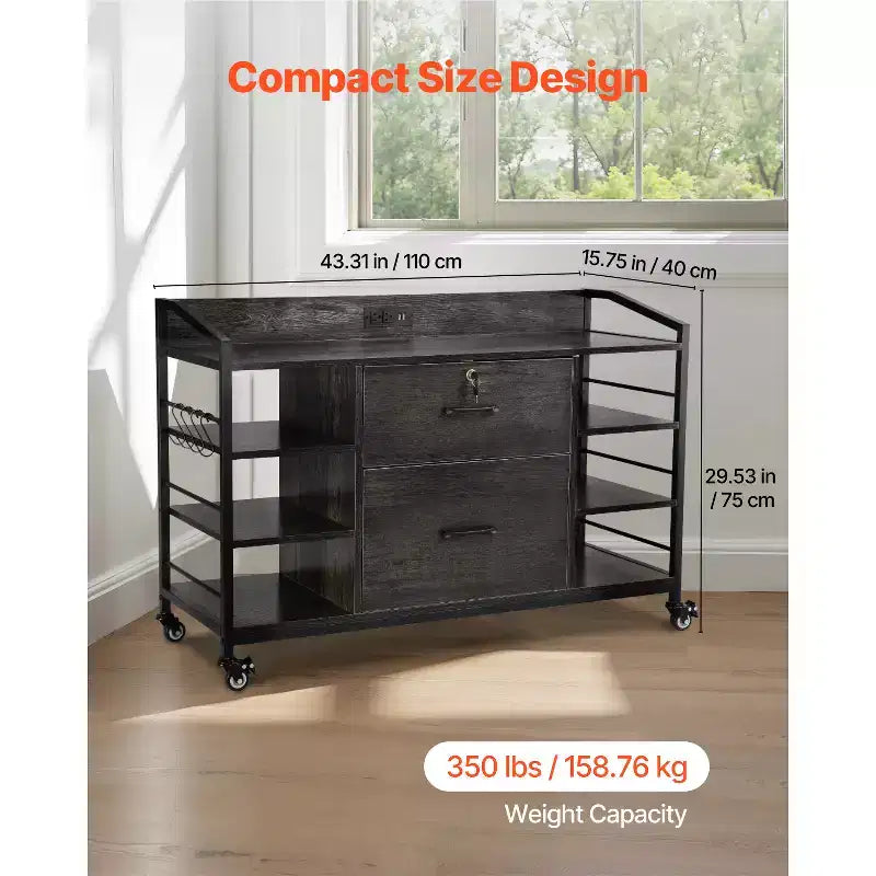 Armadietto Metallico Grigio, 2 Cassetti con Serratura, 6 Ripiani Aperti, Ciabatta Elettrica, Ruote Girevoli