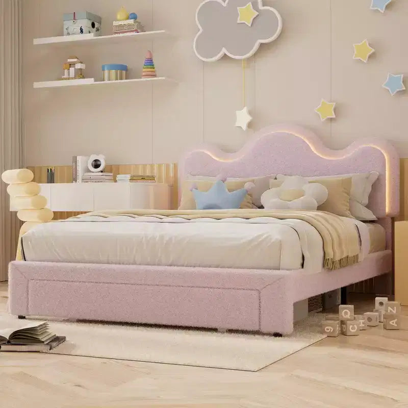 Letto a piattaforma con testiera a fiore in bouclé rosa/bianco e luci LED con cassetto – Singolo/Matrimoniale/Queen, 1 persona