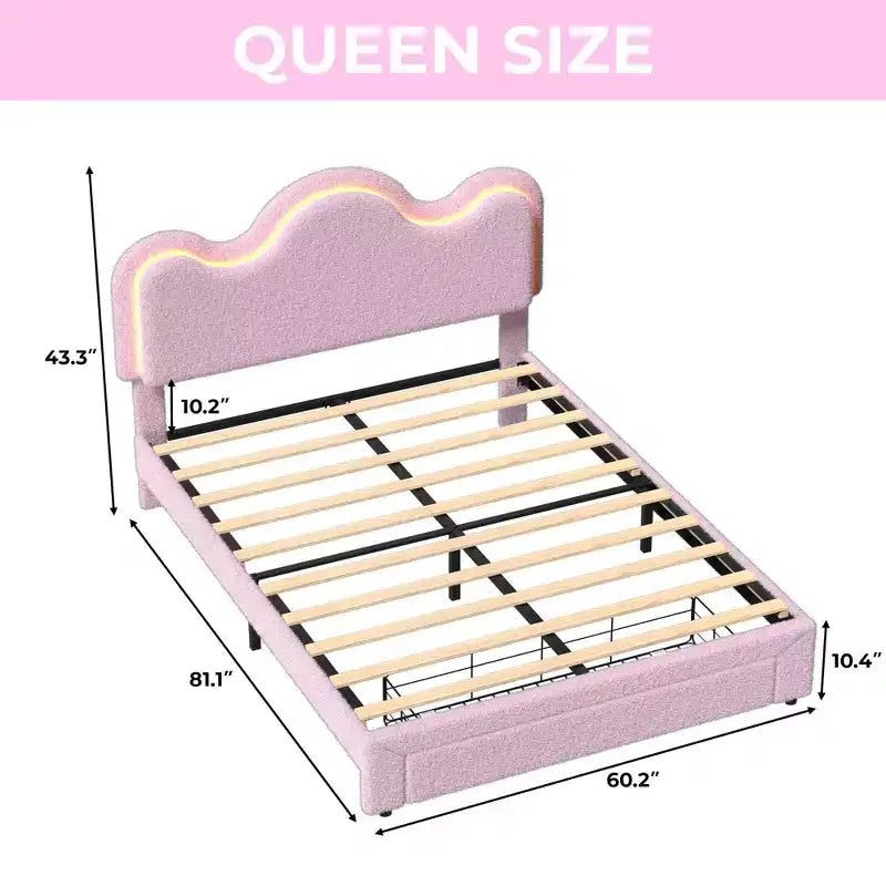 Letto a piattaforma con testiera a fiore in bouclé rosa/bianco e luci LED con cassetto – Singolo/Matrimoniale/Queen, 1 persona