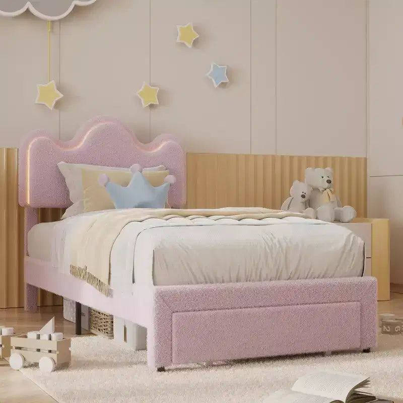 Letto a piattaforma con testiera a fiore in bouclé rosa/bianco e luci LED con cassetto – Singolo/Matrimoniale/Queen, 1 persona