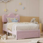 Rosa-weißes Bouclé-Plattformbett mit Blumen-Kopfteil, LED-Beleuchtung und Schublade – Twin/Full/Queen, für 1 Person
