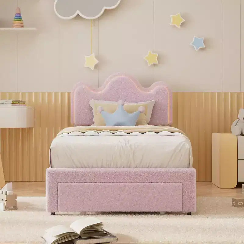 Letto a piattaforma con testiera a fiore in bouclé rosa/bianco e luci LED con cassetto – Singolo/Matrimoniale/Queen, 1 persona