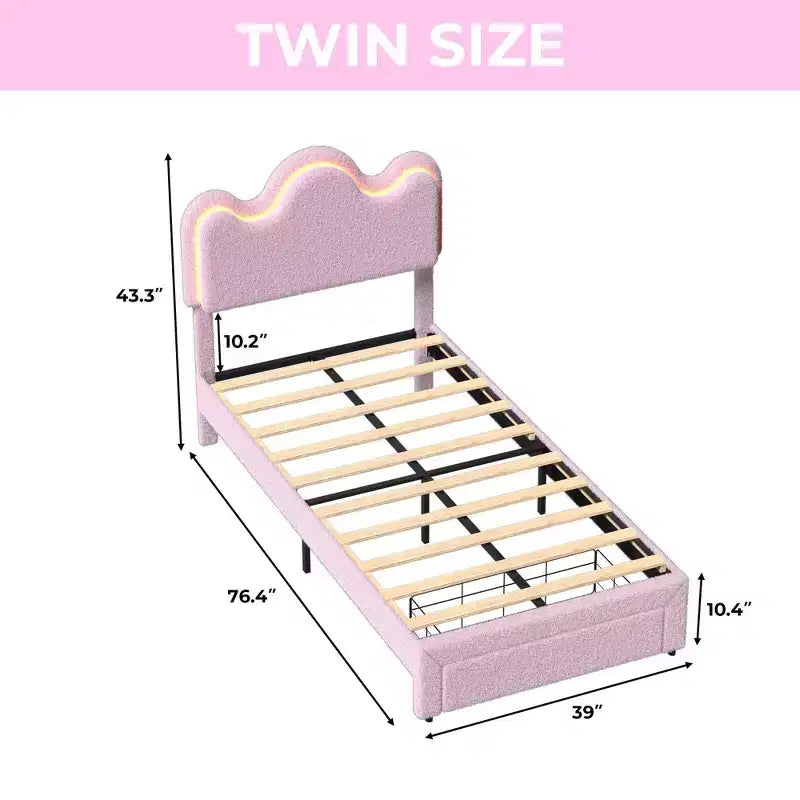 Letto a piattaforma con testiera a fiore in bouclé rosa/bianco e luci LED con cassetto – Singolo/Matrimoniale/Queen, 1 persona