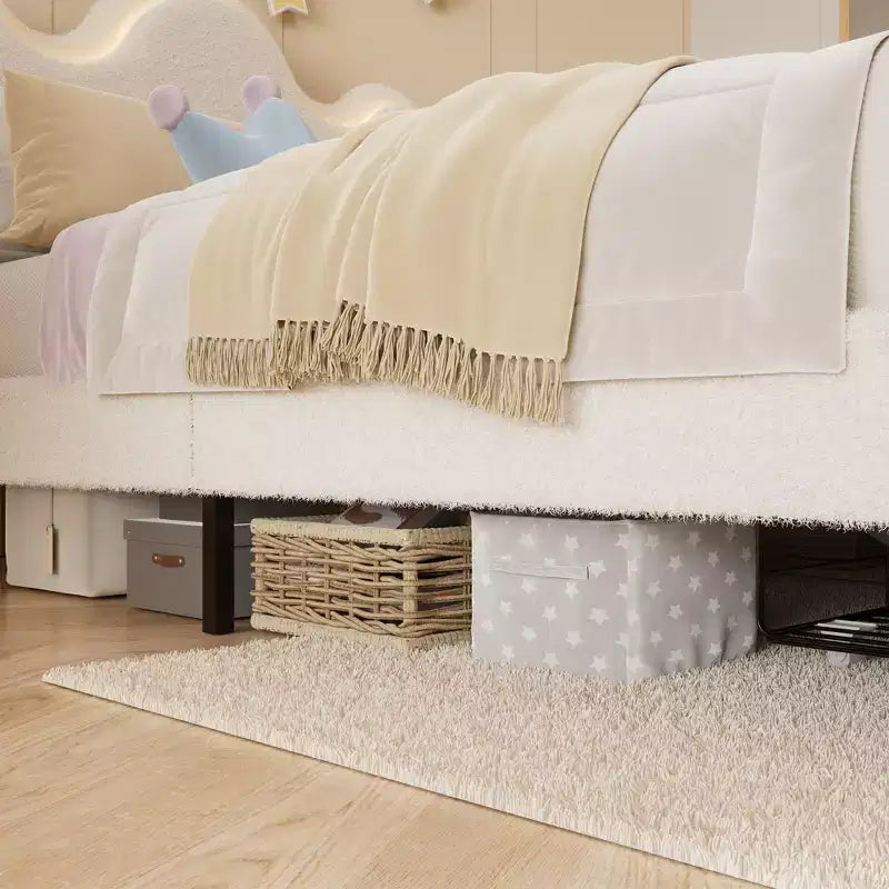 Letto a piattaforma con testiera a fiore in bouclé rosa/bianco e luci LED con cassetto – Singolo/Matrimoniale/Queen, 1 persona