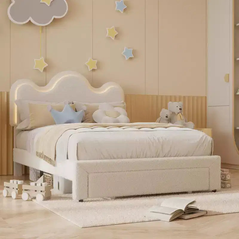 Letto a piattaforma con testiera a fiore in bouclé rosa/bianco e luci LED con cassetto – Singolo/Matrimoniale/Queen, 1 persona