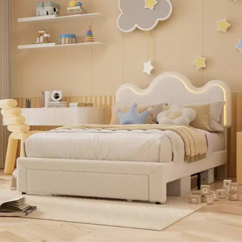 Letto a piattaforma con testiera a fiore in bouclé rosa/bianco e luci LED con cassetto – Singolo/Matrimoniale/Queen, 1 persona