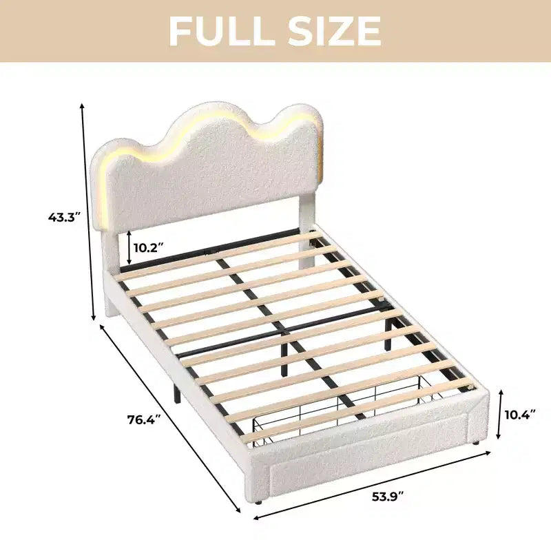 Letto a piattaforma con testiera a fiore in bouclé rosa/bianco e luci LED con cassetto – Singolo/Matrimoniale/Queen, 1 persona