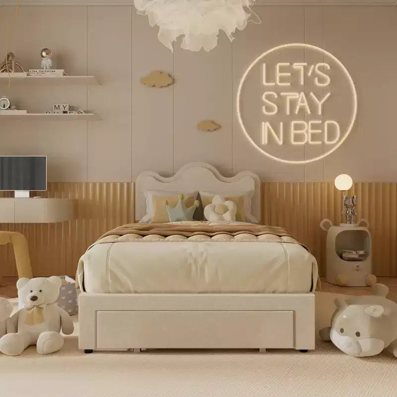 Letto a piattaforma con testiera a fiore in bouclé rosa/bianco e luci LED con cassetto – Singolo/Matrimoniale/Queen, 1 persona