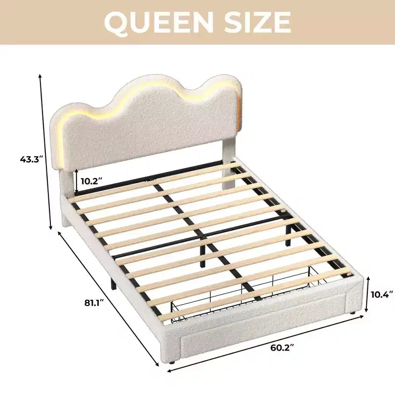 Letto a piattaforma con testiera a fiore in bouclé rosa/bianco e luci LED con cassetto – Singolo/Matrimoniale/Queen, 1 persona