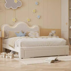 Rosa-weißes Bouclé-Plattformbett mit Blumen-Kopfteil, LED-Beleuchtung und Schublade – Twin/Full/Queen, für 1 Person