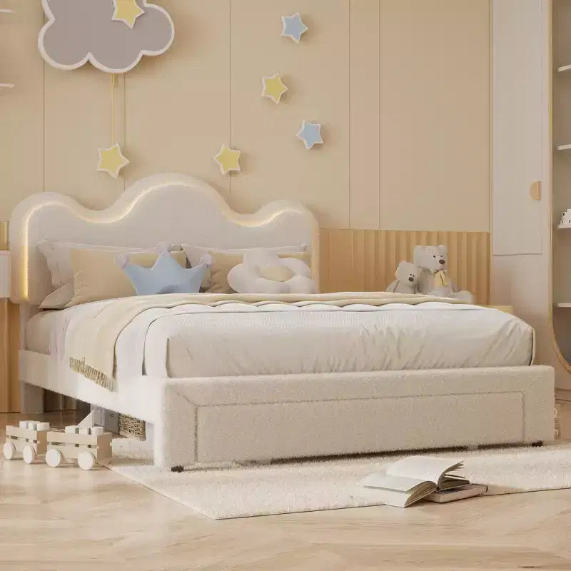 Letto a piattaforma con testiera a fiore in bouclé rosa/bianco e luci LED con cassetto – Singolo/Matrimoniale/Queen, 1 persona