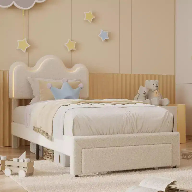 Letto a piattaforma con testiera a fiore in bouclé rosa/bianco e luci LED con cassetto – Singolo/Matrimoniale/Queen, 1 persona