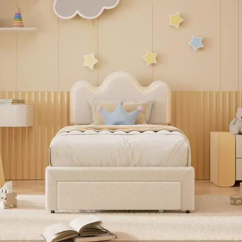 Letto a piattaforma con testiera a fiore in bouclé rosa/bianco e luci LED con cassetto – Singolo/Matrimoniale/Queen, 1 persona