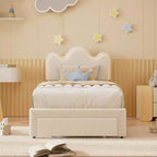 Rosa-weißes Bouclé-Plattformbett mit Blumen-Kopfteil, LED-Beleuchtung und Schublade – Twin/Full/Queen, für 1 Person