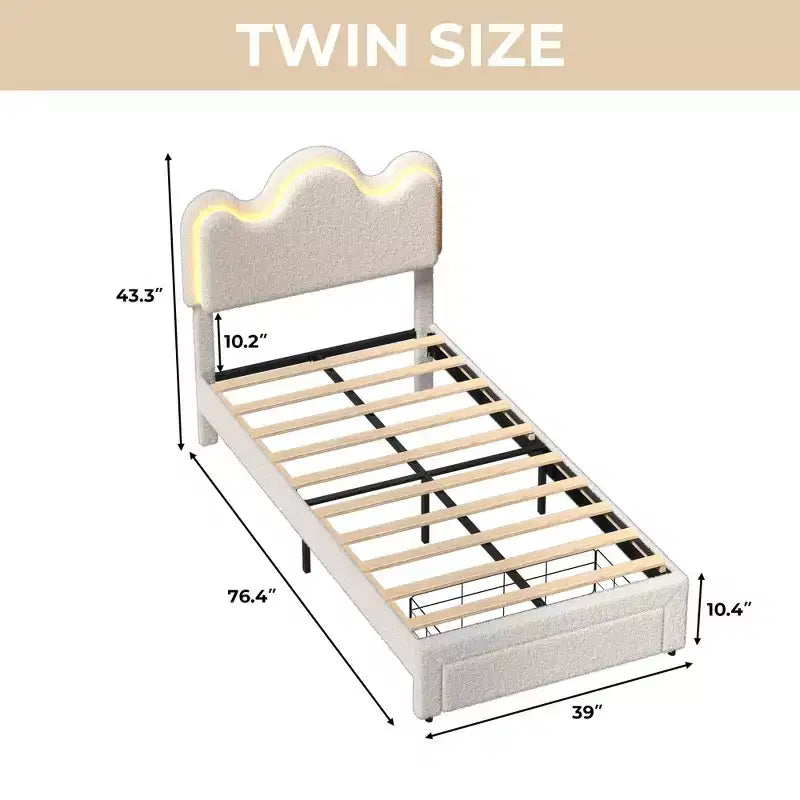 Letto a piattaforma con testiera a fiore in bouclé rosa/bianco e luci LED con cassetto – Singolo/Matrimoniale/Queen, 1 persona