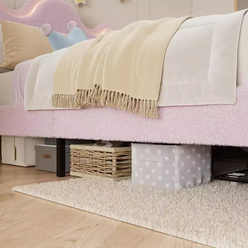 Letto a piattaforma con testiera a fiore in bouclé rosa/bianco e luci LED con cassetto – Singolo/Matrimoniale/Queen, 1 persona