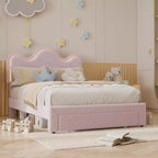 Rosa-weißes Bouclé-Plattformbett mit Blumen-Kopfteil, LED-Beleuchtung und Schublade – Twin/Full/Queen, für 1 Person
