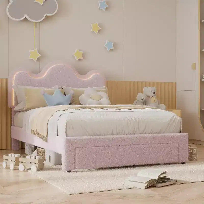 Letto a piattaforma con testiera a fiore in bouclé rosa/bianco e luci LED con cassetto – Singolo/Matrimoniale/Queen, 1 persona