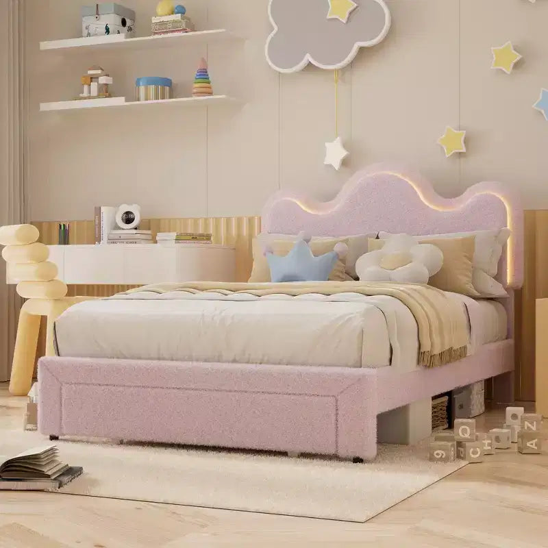 Letto a piattaforma con testiera a fiore in bouclé rosa/bianco e luci LED con cassetto – Singolo/Matrimoniale/Queen, 1 persona