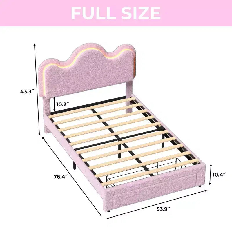 Letto a piattaforma con testiera a fiore in bouclé rosa/bianco e luci LED con cassetto – Singolo/Matrimoniale/Queen, 1 persona
