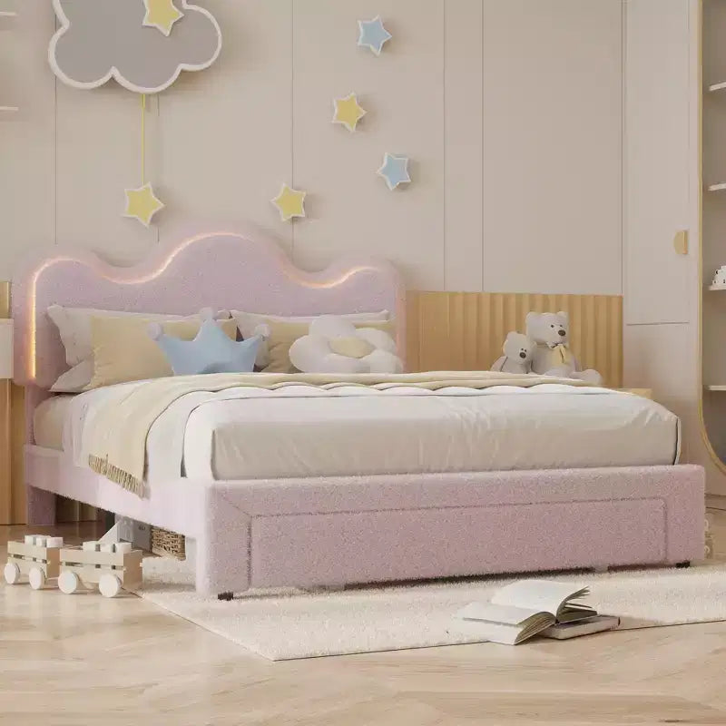 Letto a piattaforma con testiera a fiore in bouclé rosa/bianco e luci LED con cassetto – Singolo/Matrimoniale/Queen, 1 persona