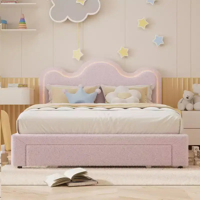 Letto a piattaforma con testiera a fiore in bouclé rosa/bianco e luci LED con cassetto – Singolo/Matrimoniale/Queen, 1 persona