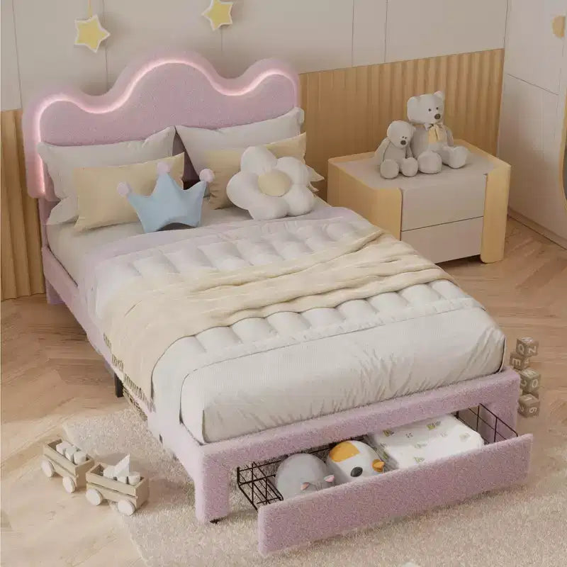 Letto a piattaforma con testiera a fiore in bouclé rosa/bianco e luci LED con cassetto – Singolo/Matrimoniale/Queen, 1 persona