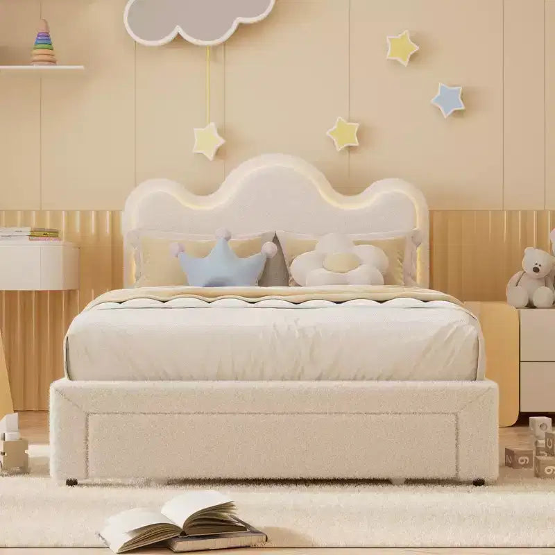 Letto a piattaforma con testiera a fiore in bouclé rosa/bianco e luci LED con cassetto – Singolo/Matrimoniale/Queen, 1 persona