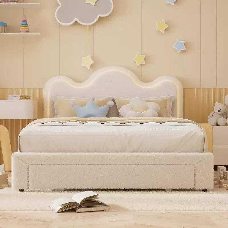 Letto a piattaforma con testiera a fiore in bouclé rosa/bianco e luci LED con cassetto – Singolo/Matrimoniale/Queen, 1 persona