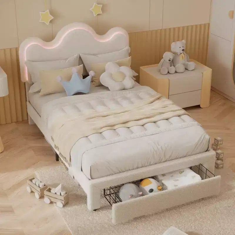 Letto a piattaforma con testiera a fiore in bouclé rosa/bianco e luci LED con cassetto – Singolo/Matrimoniale/Queen, 1 persona