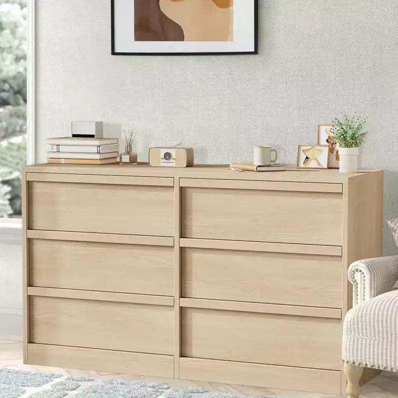 Comò a 6 cassetti in rovere naturale, cassettiera ampia per 1-2 utenti