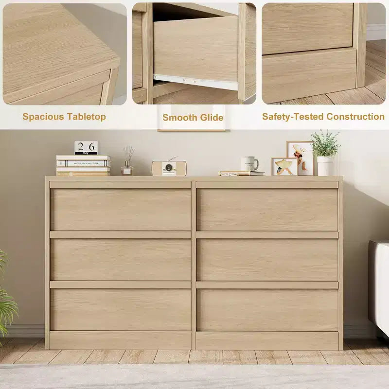 Comò a 6 cassetti in rovere naturale, cassettiera ampia per 1-2 utenti