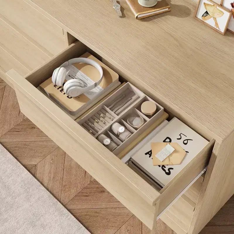 Comò a 6 cassetti in rovere naturale, cassettiera ampia per 1-2 utenti