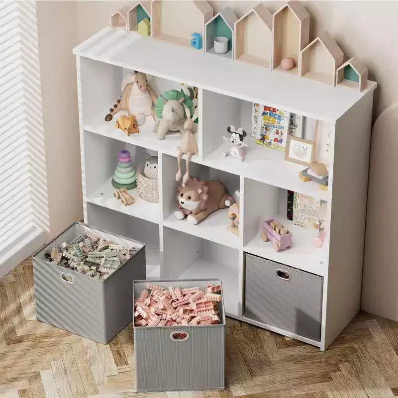 GOTGELIF Scaffale per Libri e Contenitore Giocattoli per Bambini - Legno Massello, Scaffale a 3 Ripiani, 5 Vani e 3 Cassetti